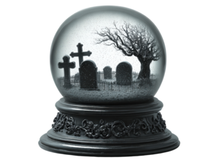 Gothic cemetery snow globe with spooky tombstones crosses a bare tree and glitter.