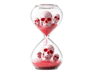 Macabre glass hourglass with red-splattered skulls and crimson sand symbolizing time running out.