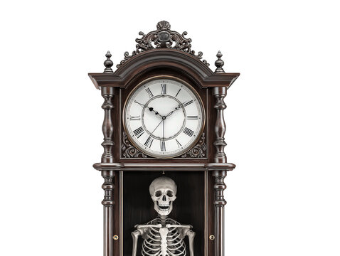 Ornate dark wood grandfather clock with a grinning human skeleton visible inside its glass case. - Powered by Adobe