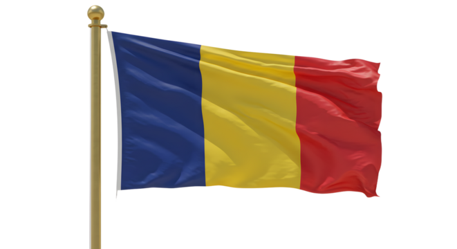 Waving flag of Chad with blue, yellow, and red vertical stripes on golden pole, isolated on white background, perfect for national and cultural projects