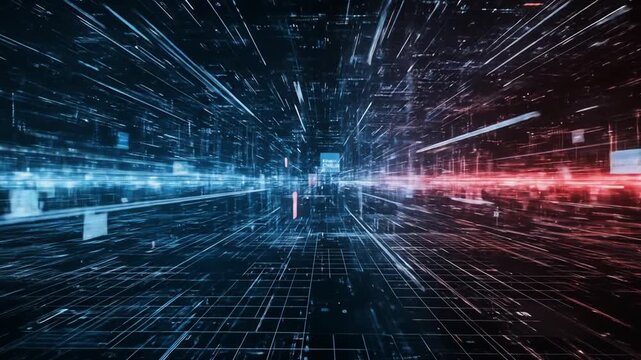 Immersive Digital Data Stream: Futuristic Neon Grid Tunnel with Blazing Red and Cool Blue Light Trails.