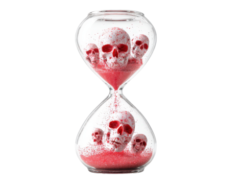 Macabre glass hourglass with red-splattered skulls and crimson sand symbolizing time running out.