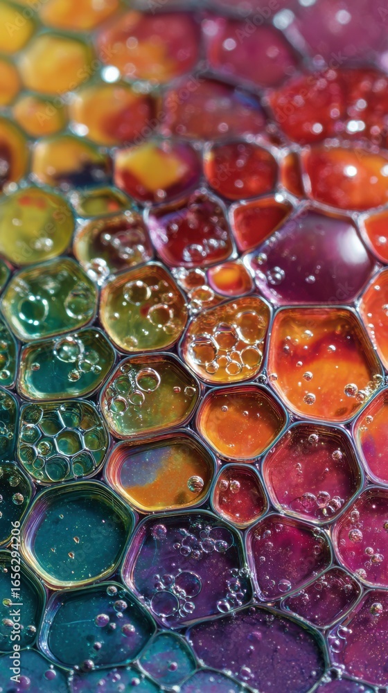 Poster colorful bubbles with vivid patterns and reflections on a surface creating abstract artistic backgro