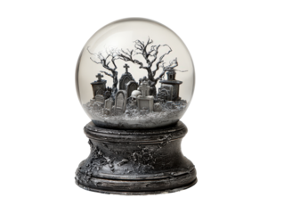 Gothic graveyard snow globe with a spooky cemetery scene skulls and bare trees inside a glass egg.