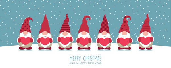 cute dwarf holding hearts on snowy winter background christmas greeting card vector illustration