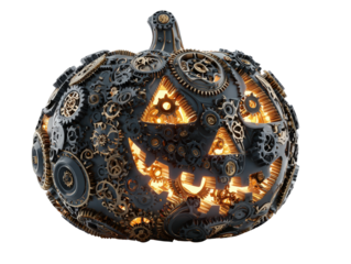 A detailed steampunk jack-o-lantern crafted from intricate black and gold metal gears glowing warmly from the inside.
