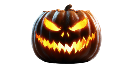 A terrifying Jack-o-lantern with a sinister carved face and a bright glowing interior light.