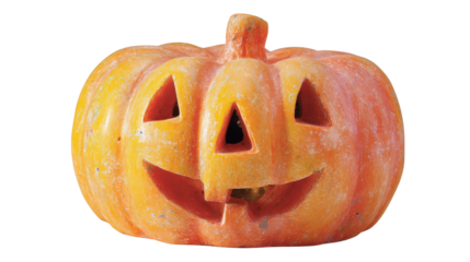 A rustic orange and yellow jack-o-lantern with a weathered texture and a classic carved smiling face.