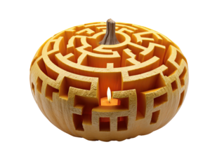 Creative orange pumpkin carved into a detailed circular maze illuminated by a single candle flame.