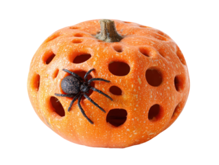 Perforated orange pumpkin with a dry stem and a creepy black toy spider decoration.