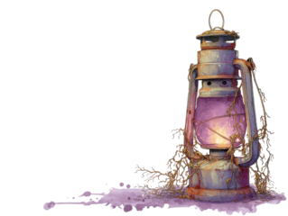 Illustrated antique rusty lantern with a mystical purple glow entangled in dry vines.