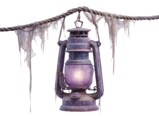 A weathered rusty purple kerosene lamp with a magical glow hanging from a thick frayed rope covered in tattered fabric.