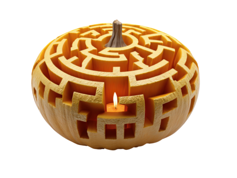 Creative orange pumpkin carved into a detailed circular maze illuminated by a single candle flame.
