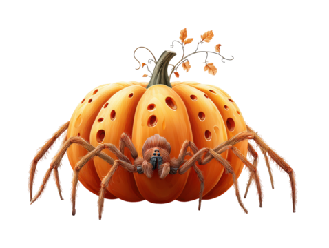 Detailed illustration of a monstrous spider with a ribbed hole-filled orange pumpkin body and hairy legs.