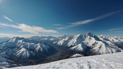 Vast panoramic view of majestic snow-capped mountains under a clear blue sky with wispy clouds