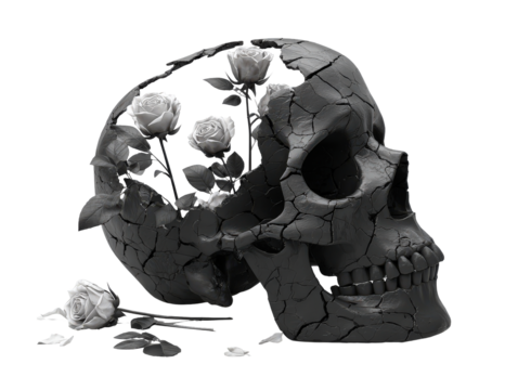 Monochromatic fractured black skull with a cracked texture blooming with grayscale roses.