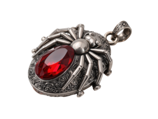 Gothic silver spider pendant with an ornate body and a large faceted red gemstone.