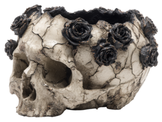 Aged and cracked gothic skull planter adorned with a crown of weathered black roses.