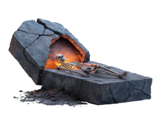 Glowing skeleton resting peacefully in an ancient cracked stone sarcophagus.