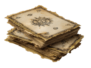 Stacked ancient divination cards with frayed gold edges and mysterious arcane symbols.