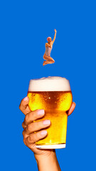 Graphic composition. Female swimmer figure rising above frothy beer glass on blue background....