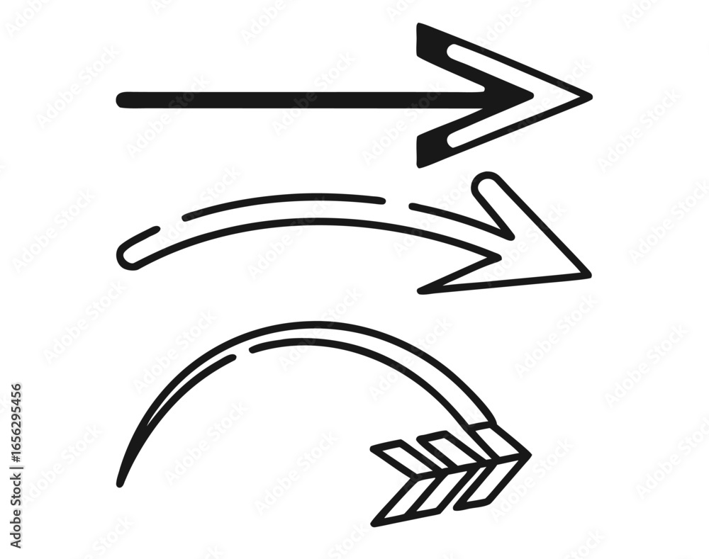 Poster vector illustration of three different types of black arrows pointing right on a white background de