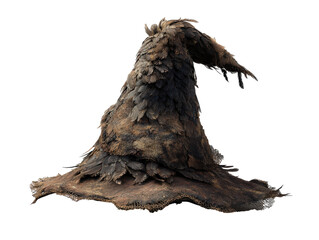A rustic fantasy sorcerers hat covered in dark feathers with a bent tip and tattered burlap.