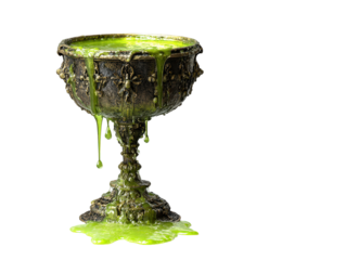 Ornate antique chalice overflowing with a viscous dripping green toxic potion.