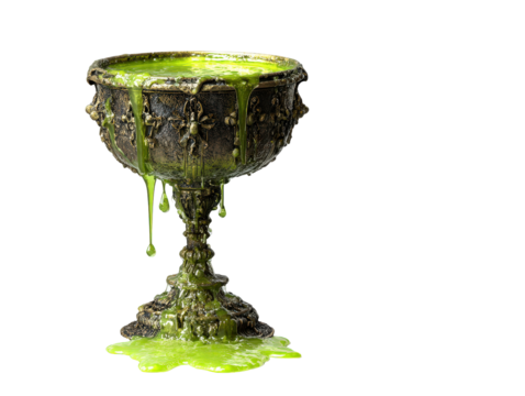 Ornate antique chalice overflowing with a viscous dripping green toxic potion.