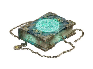 Ancient chained spellbook with a glowing teal magic circle and ornate stone cover.