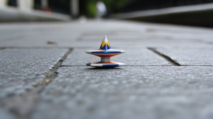 Close-up shot of a vintage spinning top toy on a pavement surface with blurred background, creates