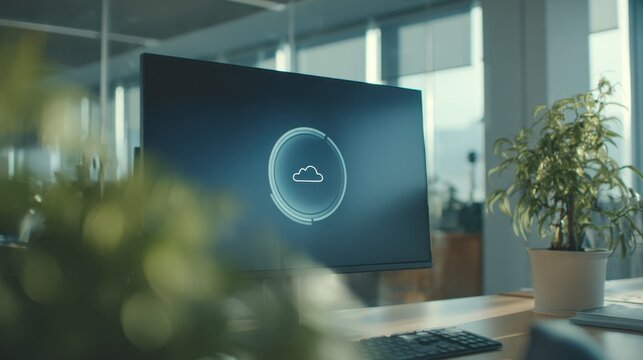 Medium shot of a cloud snapshot transfer progress displayed on a highresolution monitor the progress bar prominently centered while the surrounding office environment remains