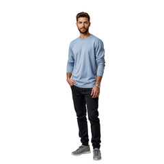 Fototapeta premium Young man in light blue sweater and black pants standing confidently