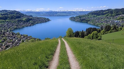 Obraz premium A serene landscape featuring a winding path leading down to a calm lake surrounded by lush hills and snowy mountains, Ideal for nature-themed projects, travel promotions, or relaxation concepts,