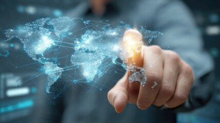 Businessman interacting with global network visualization