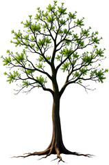 a tall, stately tree stands proudly, its branches reaching towards the sky. Lush green leaves provide a vibrant contrast to its textured trunk, while its roots anchor it firmly to the ground