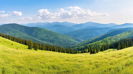 A stunning panoramic view of lush green hills and mountains under a clear blue sky, Ideal for travel blogs, nature magazines, or desktop wallpapers that highlight scenic beauty and tranquility,