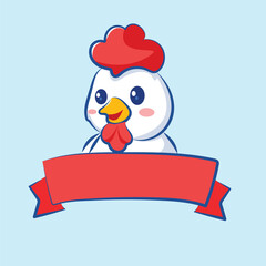 Cute Cartoon Chicken with Red Banner Kawaii Farm Animal Illustration for logo