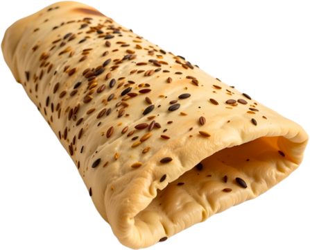 A delicious pastry filled with savory ingredients, expertly wrapped and baked to perfection. The pastry features a golden-brown crust speckled with sesame seeds