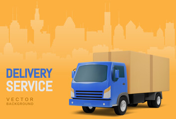 Blue truck with a cardboard box on the platform against the background of a city silhouette in a yellow palette. Advertising concept for a delivery service, transport company. Vector illustration.