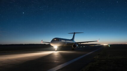 Commercial Jet Aircraft on Runway at Night Under Starry Sky in Clear Weather