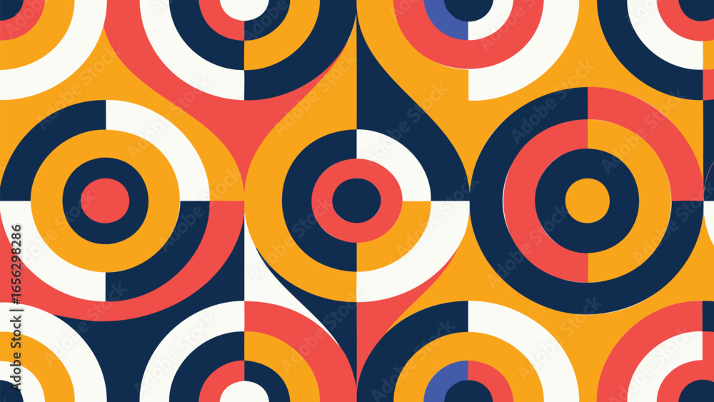 Poster geometric pattern featuring concentric circles and teardrop shapes in bold colors creating a retro d