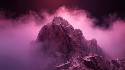 Fototapeta premium Surreal Pink Smoke Canyon with Futuristic Podium Stage in Mystical Foggy Landscape