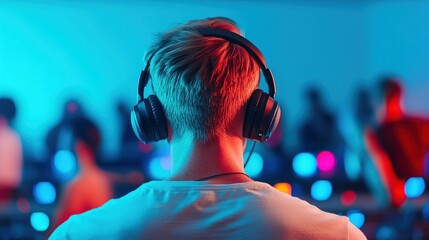 A person wearing headphones listens intently, with a vibrant, illuminated background suggesting a lively atmosphere, This image is perfect for music-related content, events