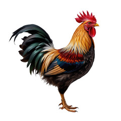 Fototapeta premium Colorful Rooster with Vibrant Feathers Strutting in a Farmyard Setting