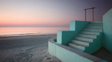 Pastel teal beach steps at sunrise