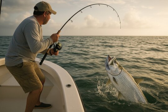 Angler catching tarpon at sea