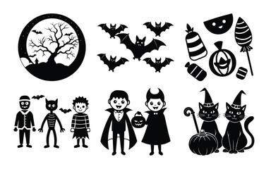 Halloween Silhouette Vector Set with Bats Cats Vampires and Treats