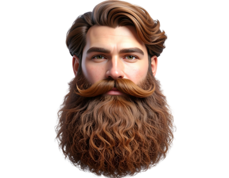 Well-groomed long beard with thick mustache, 3D perspective, isolated on transparent background PNG