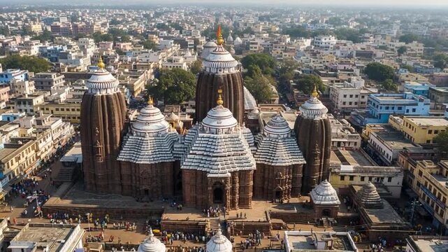 Aerial View of Intricate Stone Temple with White Domes and Spires Surrounded by Buildings in Puri Odisha under Clear Blue Sky During Daytime